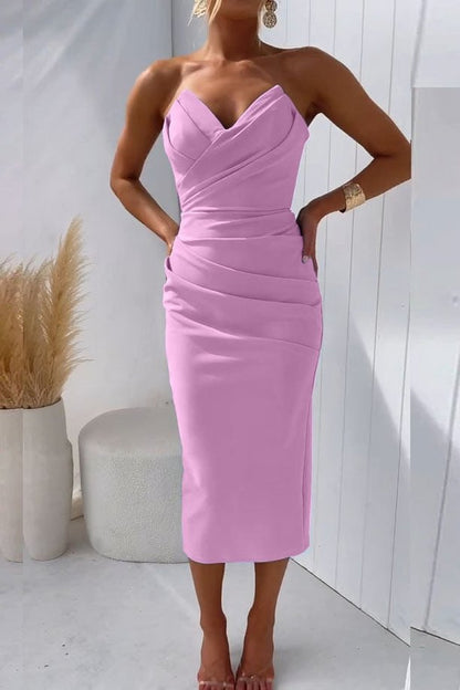 Gathered Front Strapless Midi Dress