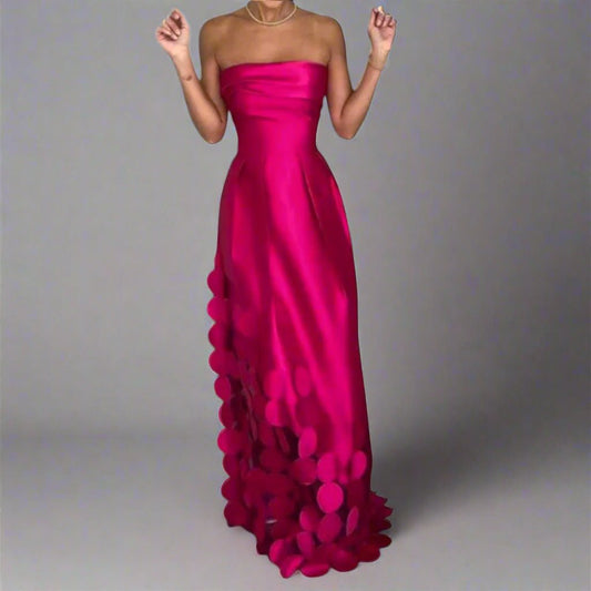 Women's Strapless Satin Maxi Gown with Hem Accents