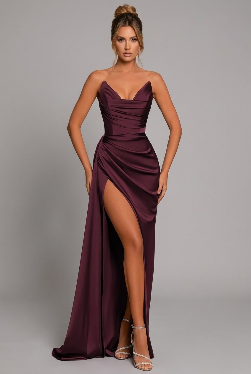 Women's Strapless Pleated Satin Formal Dress