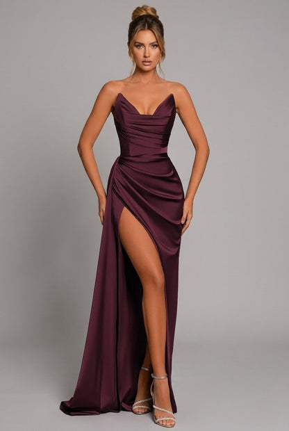 Women's Strapless Pleated Satin Formal Dress