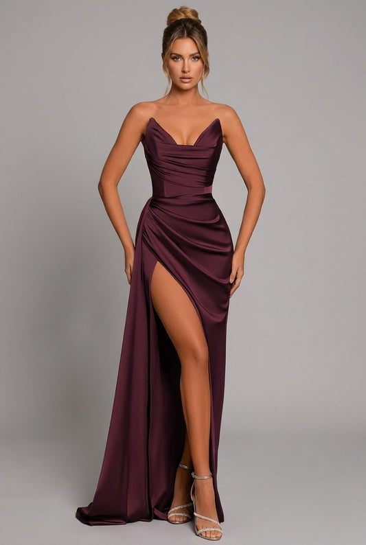 Women's Strapless Pleated Satin Formal Dress