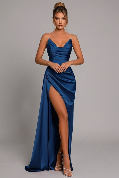 Women's Strapless Pleated Satin Formal Dress