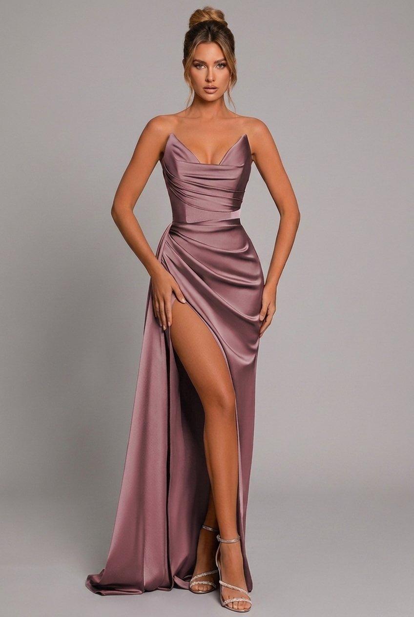 Women's Strapless Pleated Satin Formal Dress