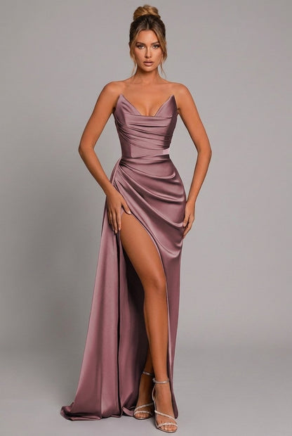 Women's Strapless Pleated Satin Formal Dress