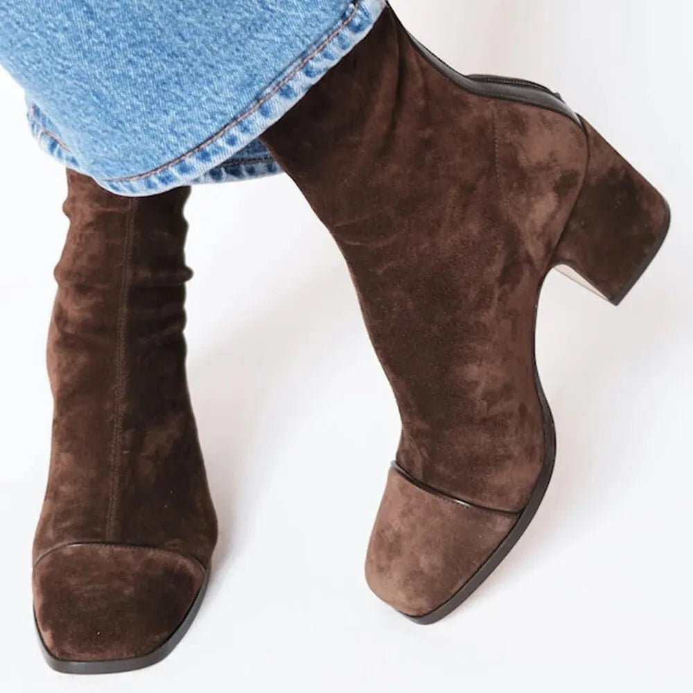 Faux Suede Block Heel Knee Boots with Square Toe