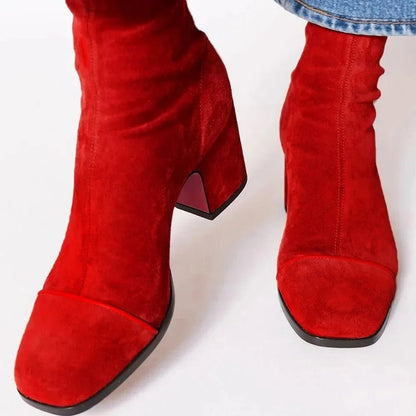 Faux Suede Block Heel Knee Boots with Square Toe