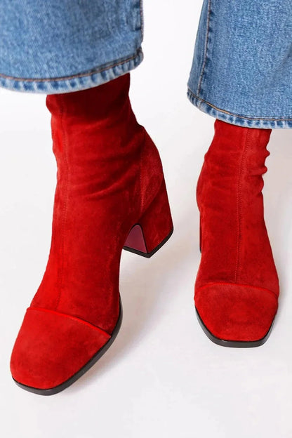 Faux Suede Block Heel Knee Boots with Square Toe