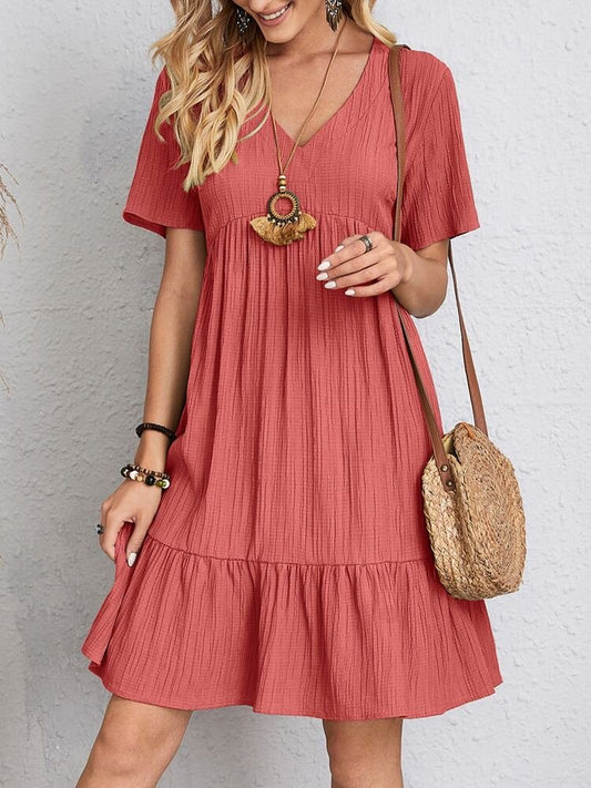 Tiered Short Sleeve Swing Dress with V-Neck
