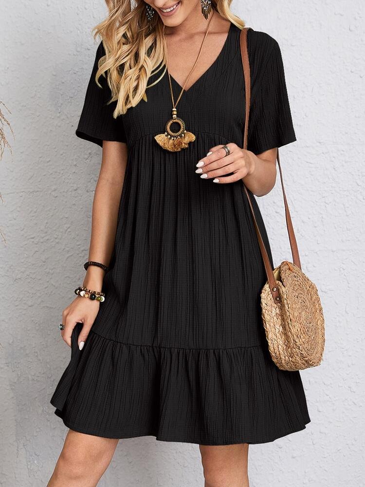 Tiered Short Sleeve Swing Dress with V-Neck