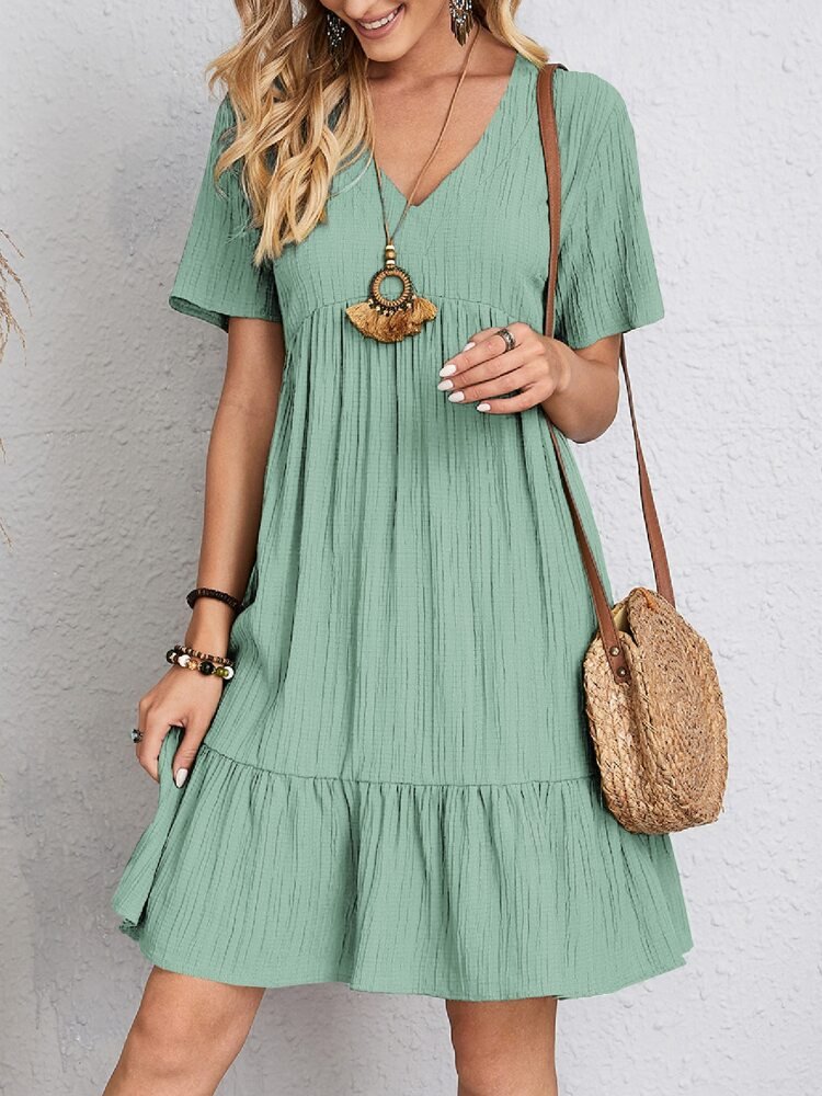 Tiered Short Sleeve Swing Dress with V-Neck