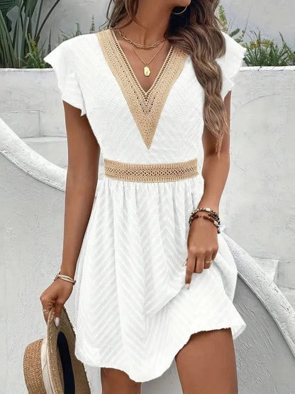 Lace-Trim Flutter Sleeve Summer Dress with V-Neck