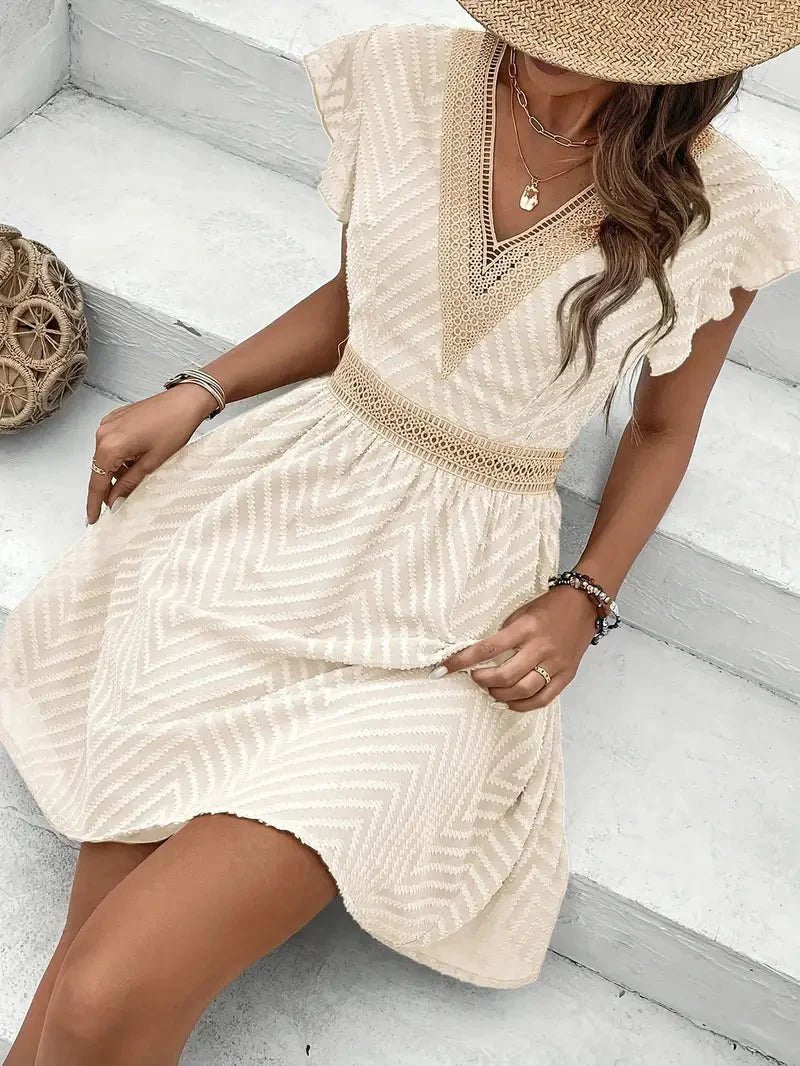 Lace-Trim Flutter Sleeve Summer Dress with V-Neck