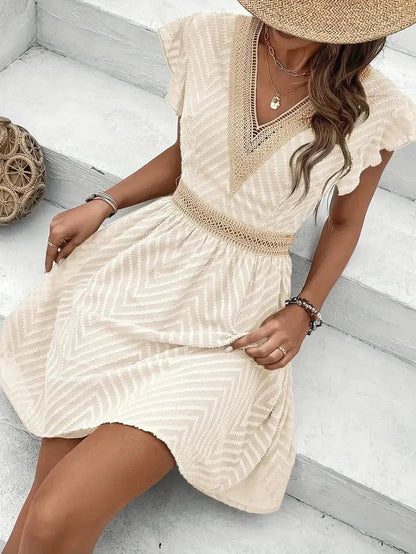 Lace-Trim Flutter Sleeve Summer Dress with V-Neck