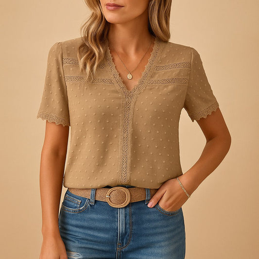 Textured Lace Trim V-Neck Blouse