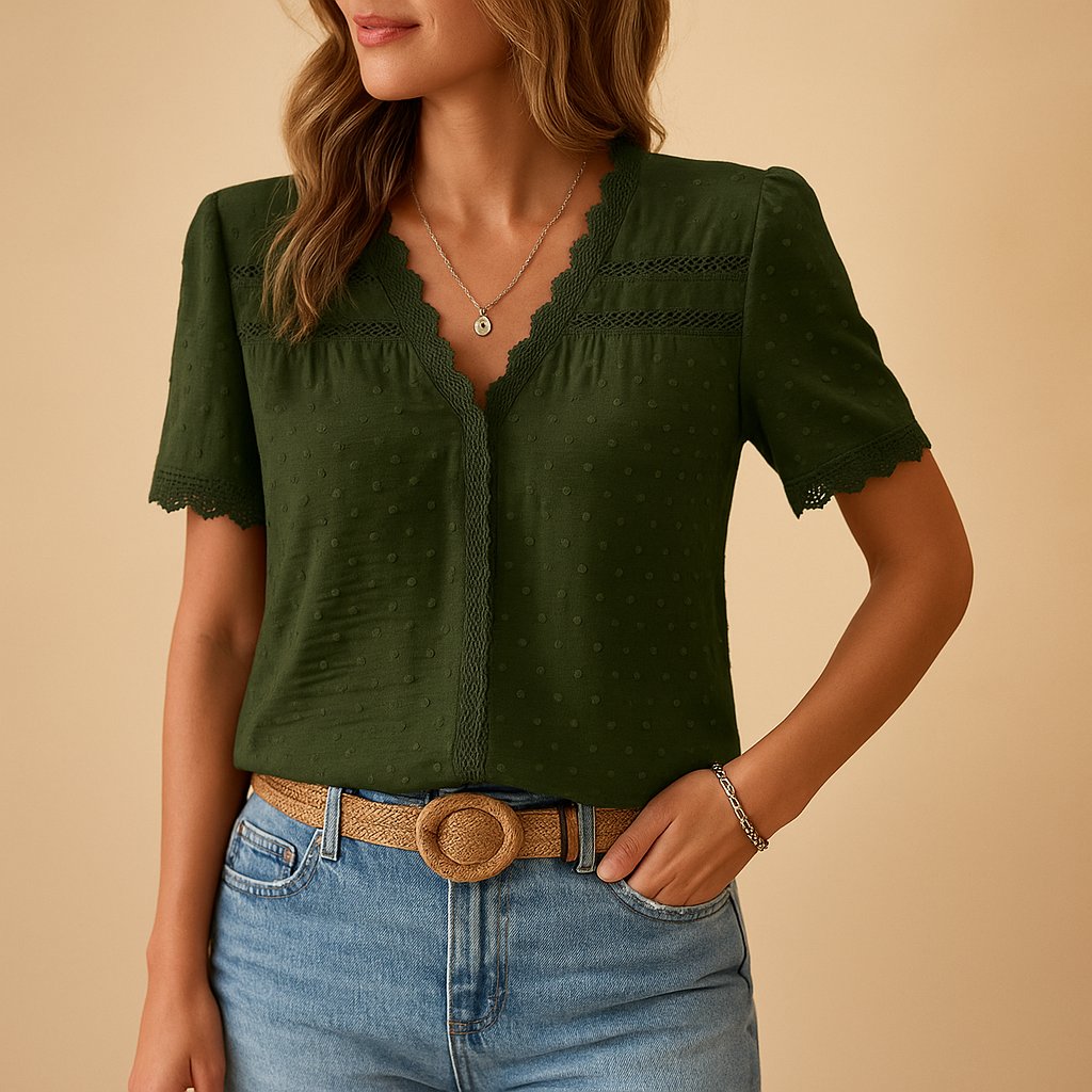 Textured Lace Trim V-Neck Blouse