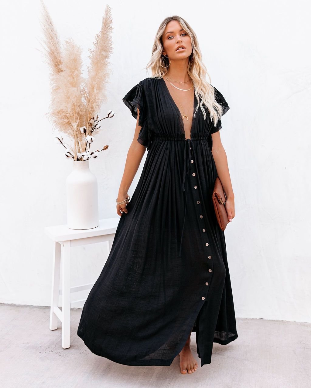Women's Button-Front V-Neck Maxi Dress with Short Sleeves