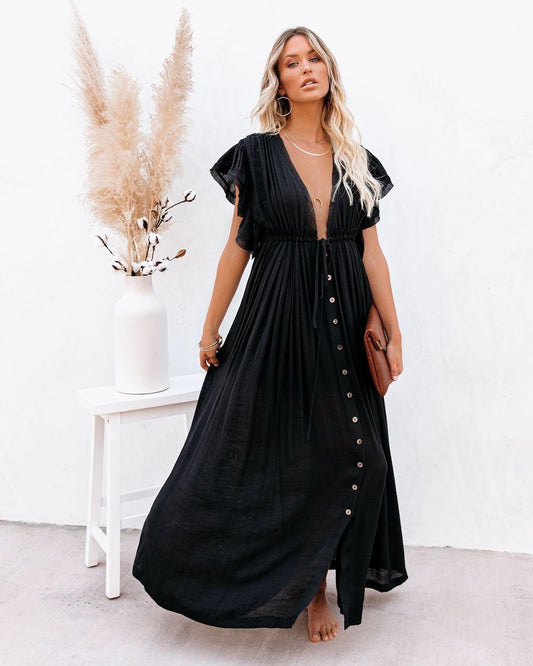 Women's Button-Front V-Neck Maxi Dress with Short Sleeves