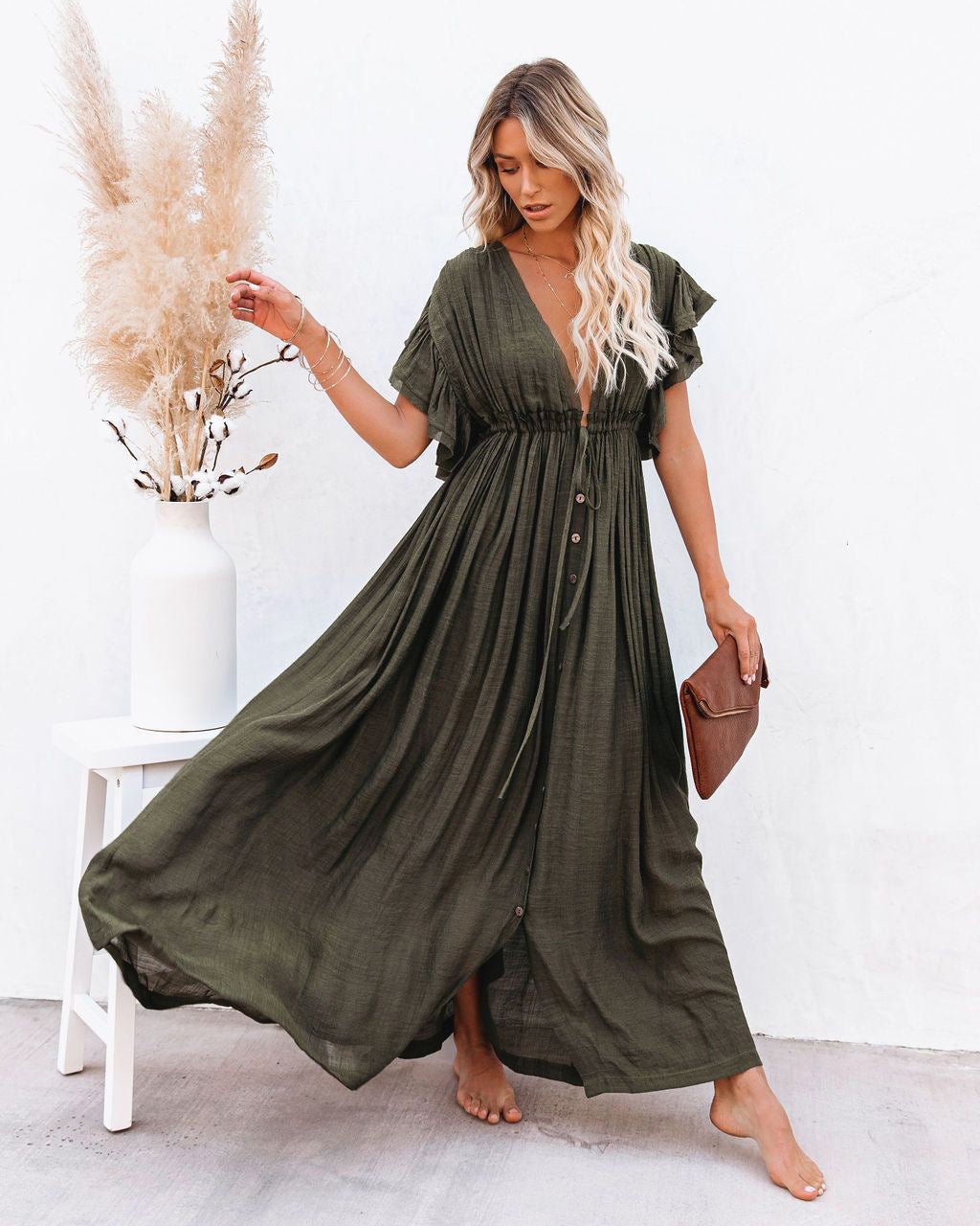 Women's Button-Front V-Neck Maxi Dress with Short Sleeves