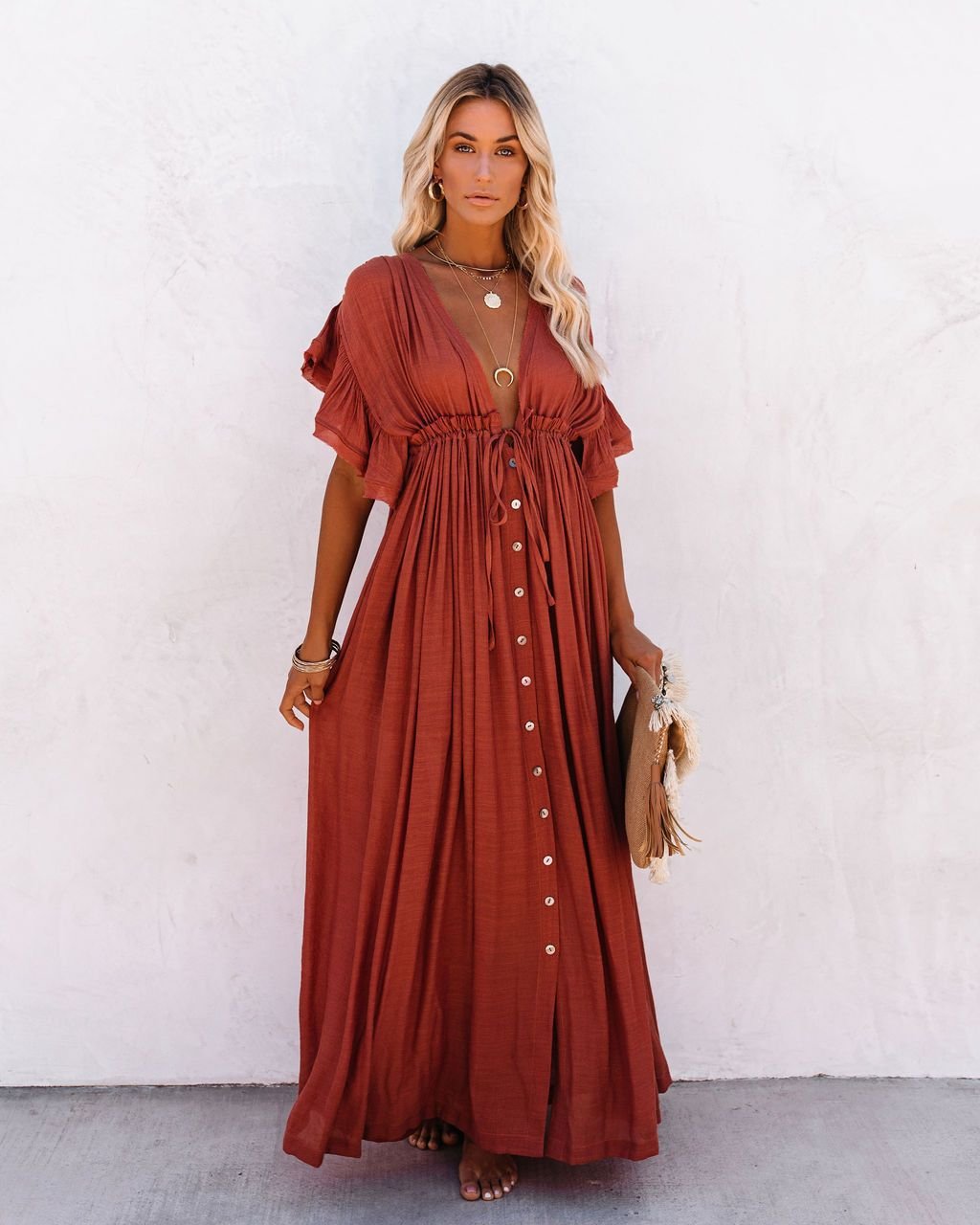 Women's Button-Front V-Neck Maxi Dress with Short Sleeves