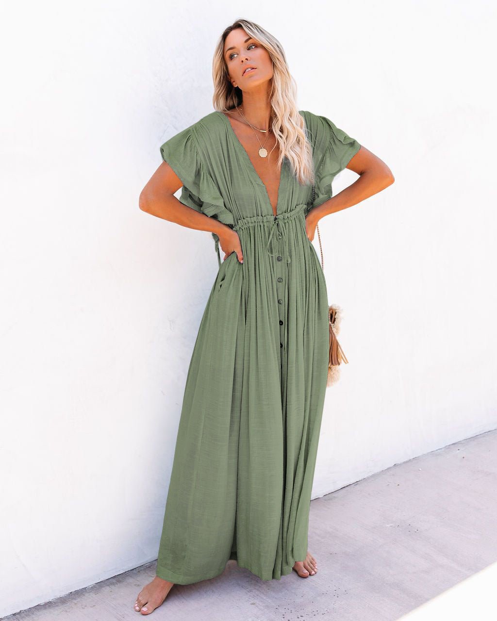 Women's Button-Front V-Neck Maxi Dress with Short Sleeves