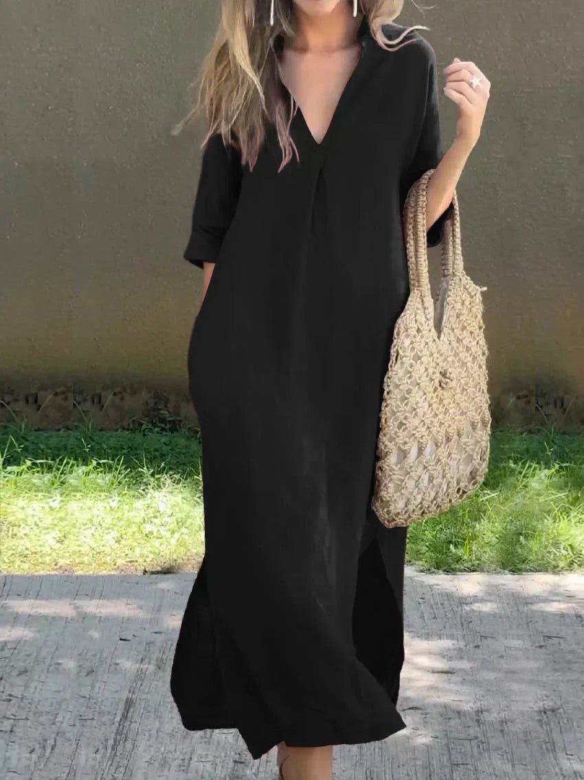 Relaxed V-Neck Linen-Cotton Maxi Dress