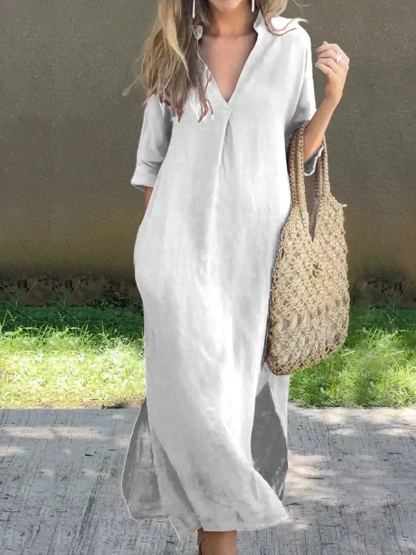 Relaxed V-Neck Linen-Cotton Maxi Dress