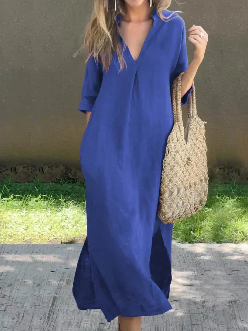 Relaxed V-Neck Linen-Cotton Maxi Dress