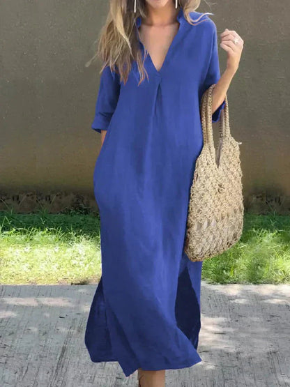 Relaxed V-Neck Linen-Cotton Maxi Dress