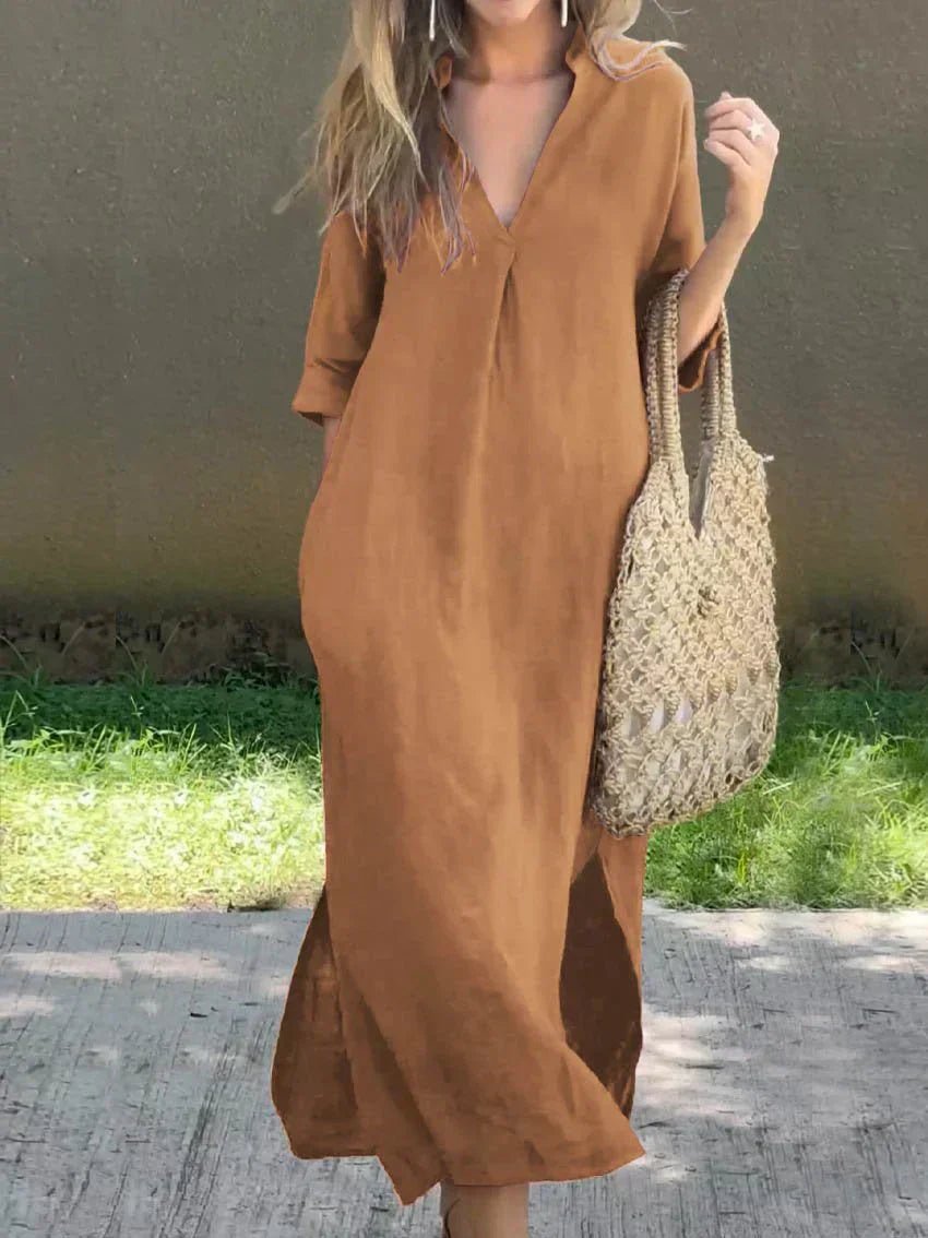 Relaxed V-Neck Linen-Cotton Maxi Dress