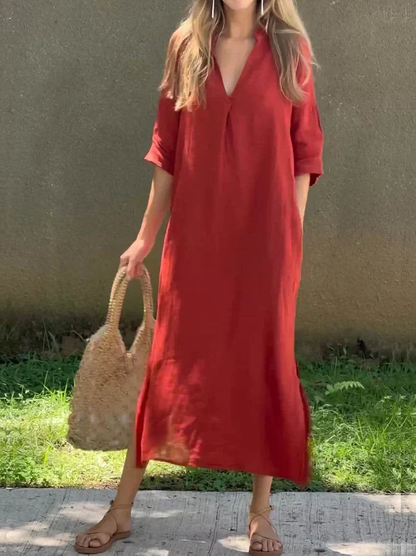 Relaxed V-Neck Linen-Cotton Maxi Dress