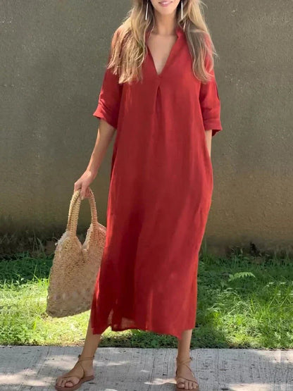 Relaxed V-Neck Linen-Cotton Maxi Dress