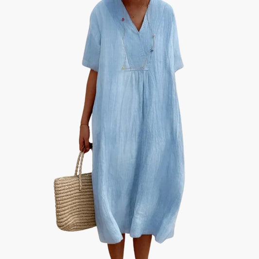 Short-Sleeve V-Neck Linen Midi Dress