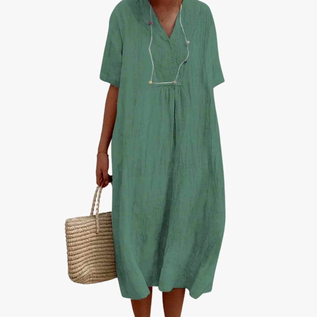Short-Sleeve V-Neck Linen Midi Dress