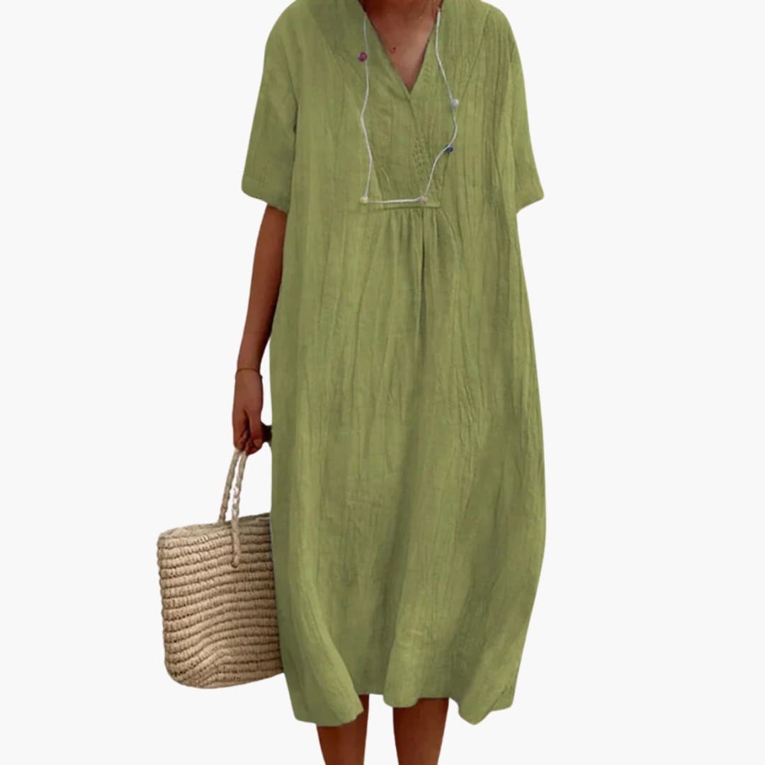 Short-Sleeve V-Neck Linen Midi Dress