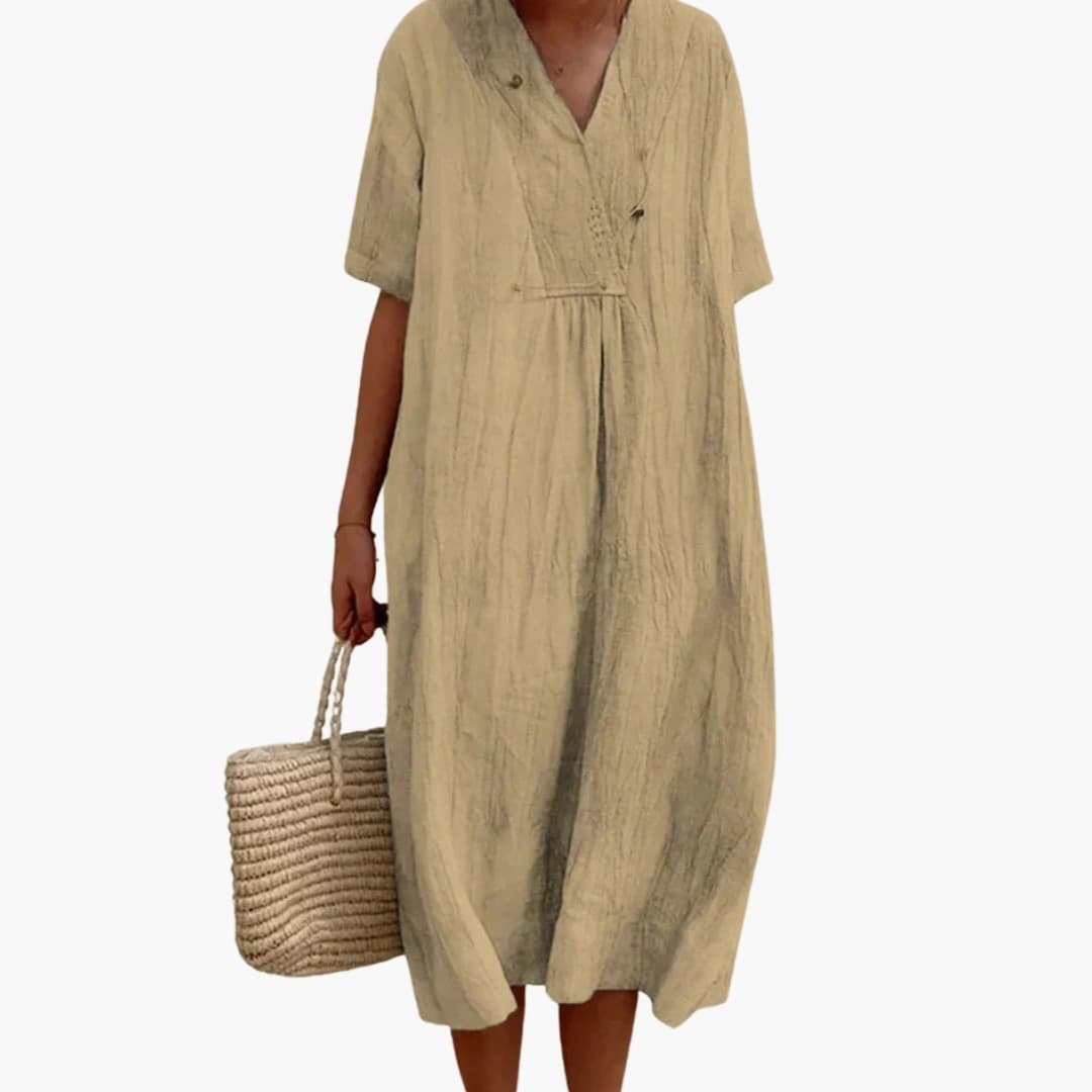 Short-Sleeve V-Neck Linen Midi Dress