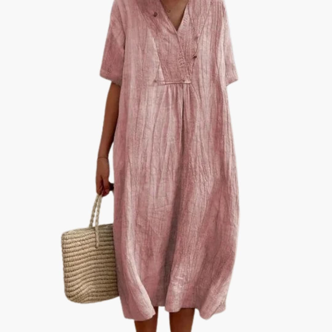 Short-Sleeve V-Neck Linen Midi Dress