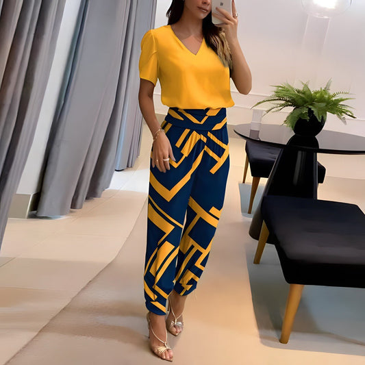 V-Neck Short-Sleeve Top and Geometric Wide-Leg Pants Set