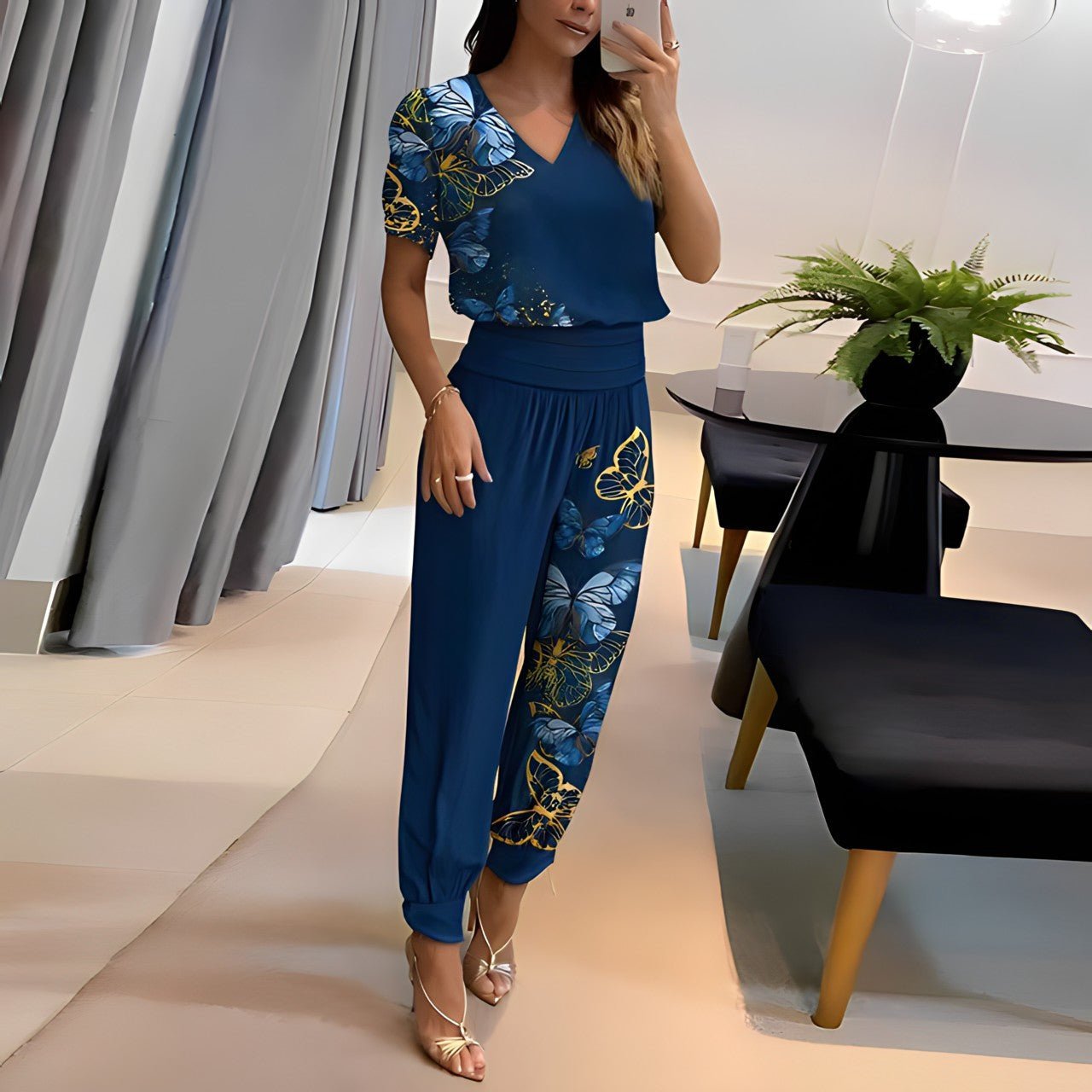 V-Neck Short-Sleeve Top and Geometric Wide-Leg Pants Set
