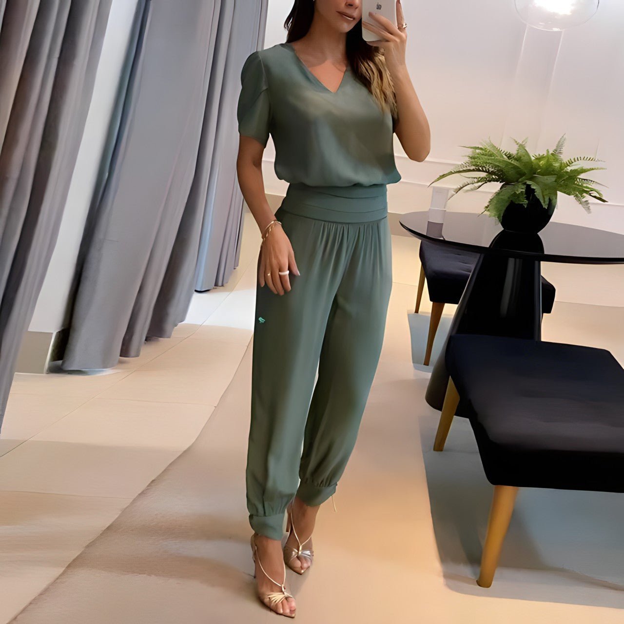 V-Neck Short-Sleeve Top and Geometric Wide-Leg Pants Set