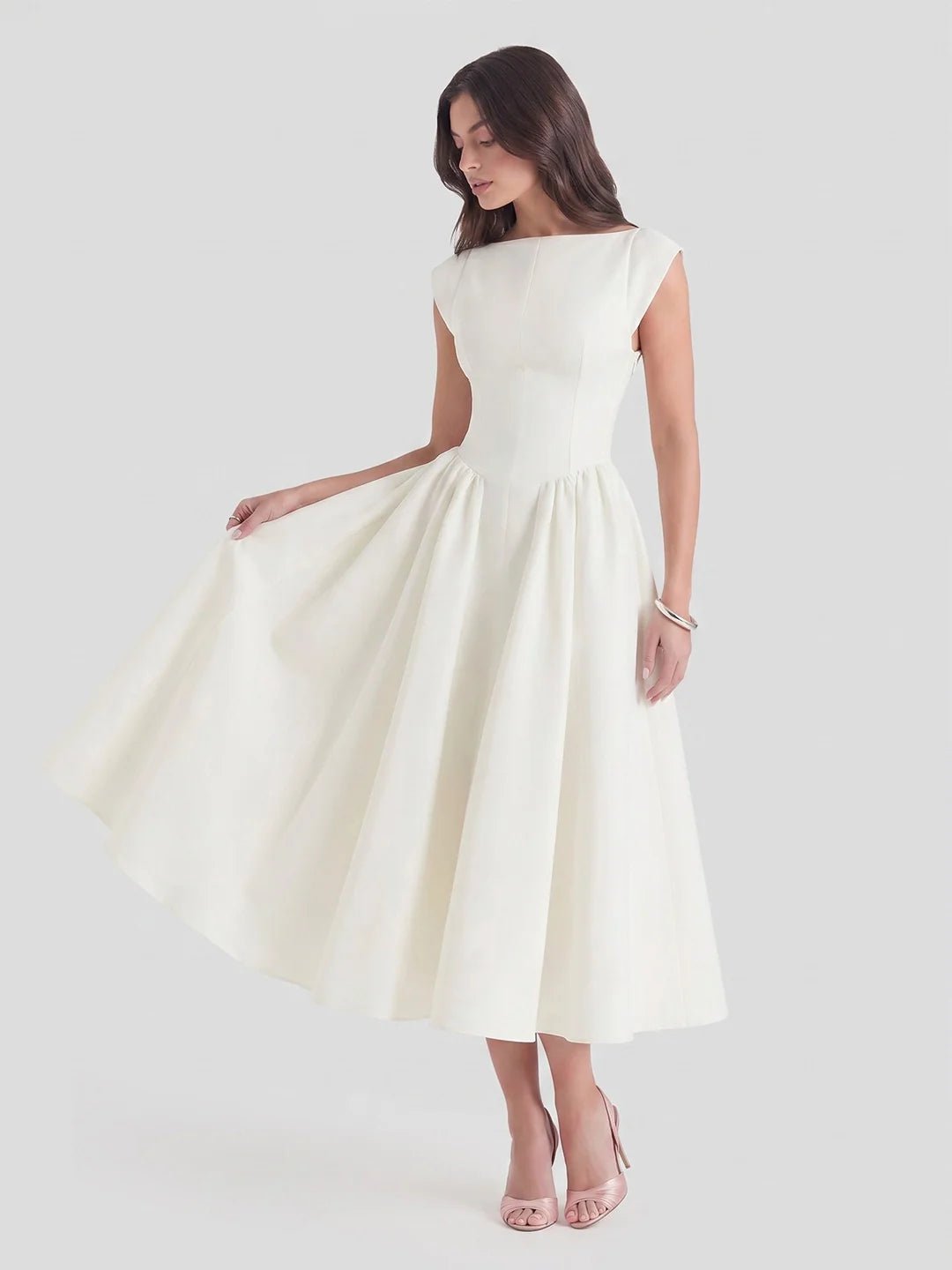 Boat Neck Satin Flare Midi Dress