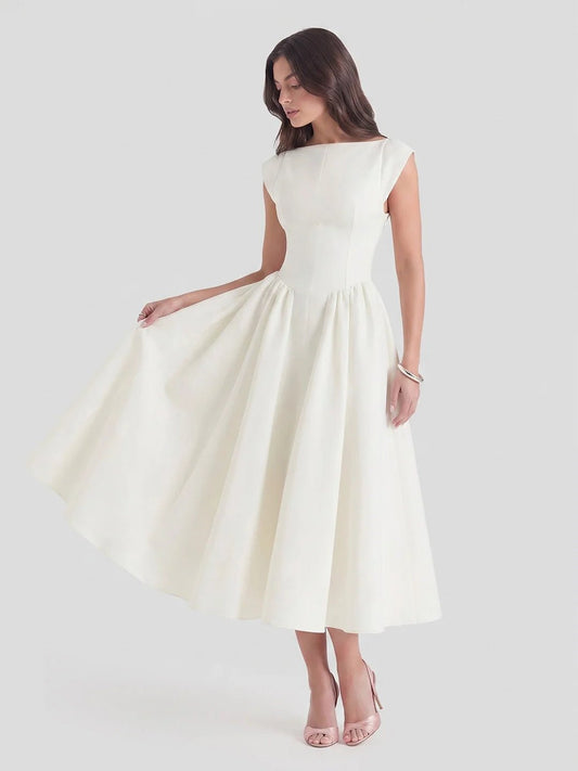 Boat Neck Satin Flare Midi Dress