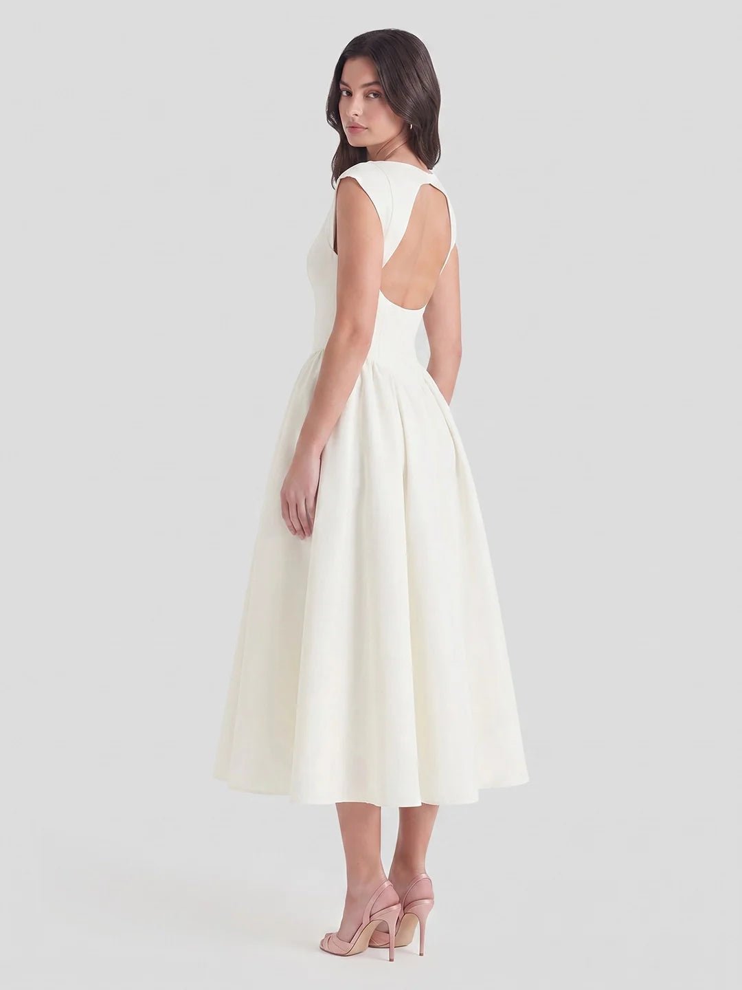 Boat Neck Satin Flare Midi Dress