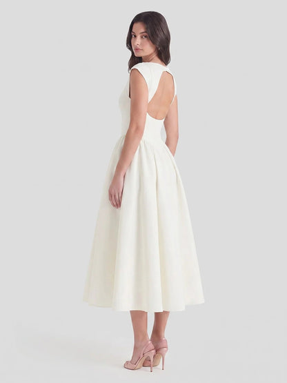 Boat Neck Satin Flare Midi Dress