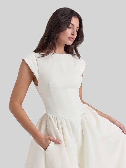 Boat Neck Satin Flare Midi Dress
