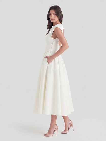 Boat Neck Satin Flare Midi Dress