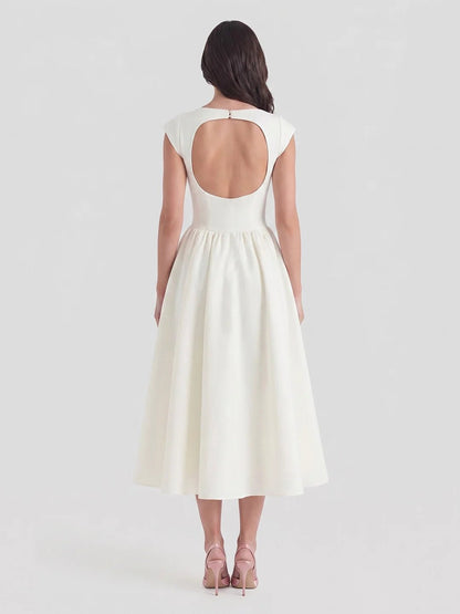 Boat Neck Satin Flare Midi Dress