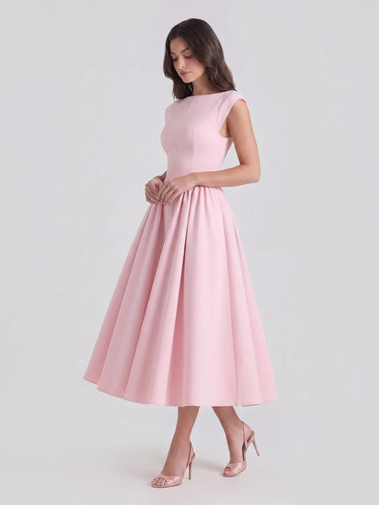 Boat Neck Satin Flare Midi Dress