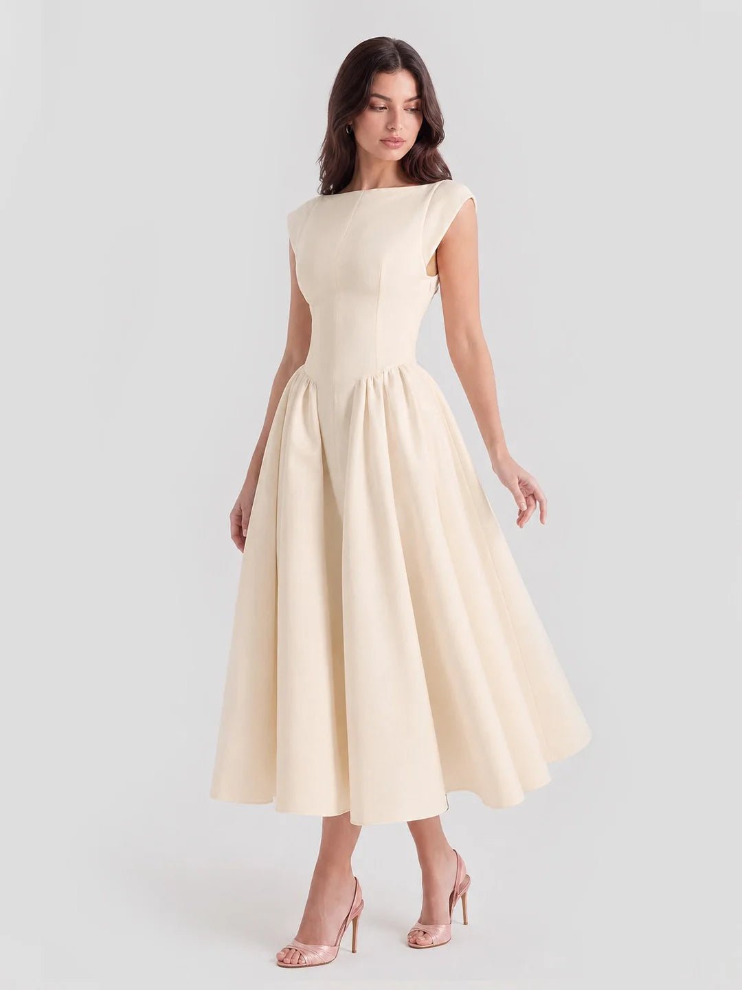 Boat Neck Satin Flare Midi Dress
