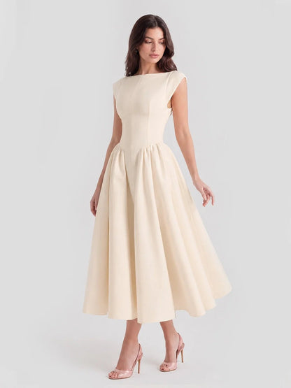 Boat Neck Satin Flare Midi Dress