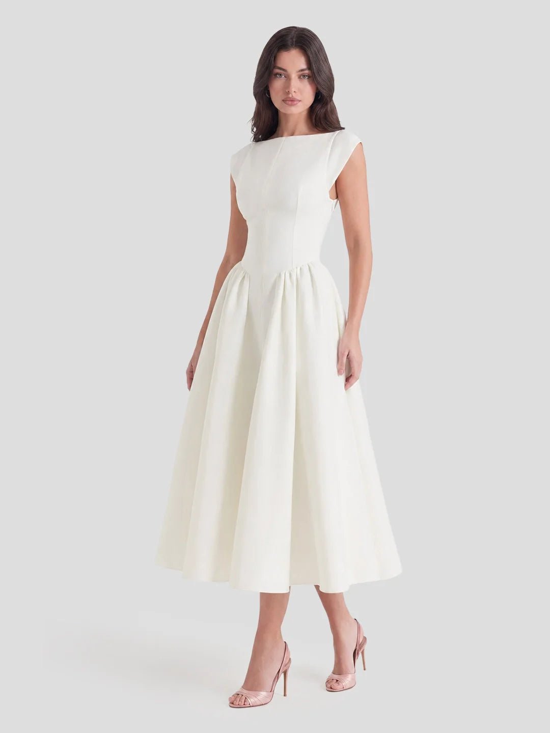 Boat Neck Satin Flare Midi Dress